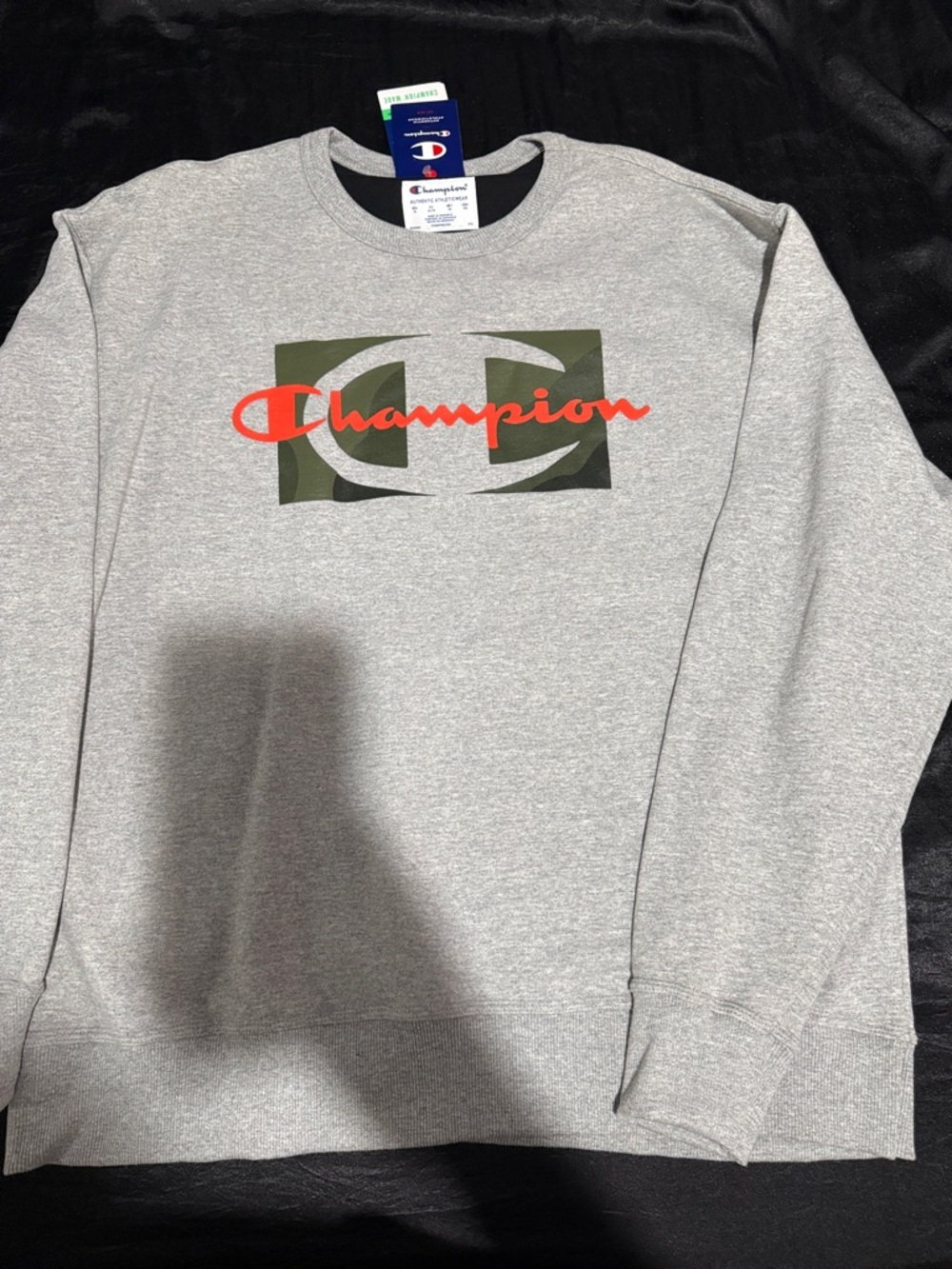Champion Gray Crewneck Sweatshirt with Camo Logo and Orange/Red Script